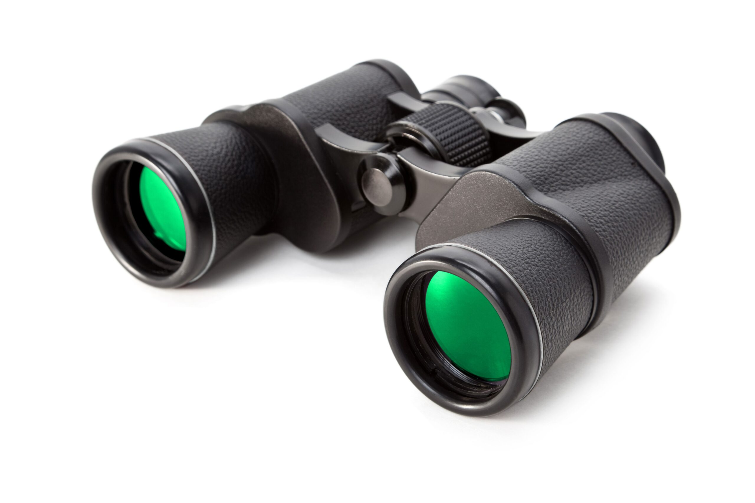 binoculars with green lenses on a white background